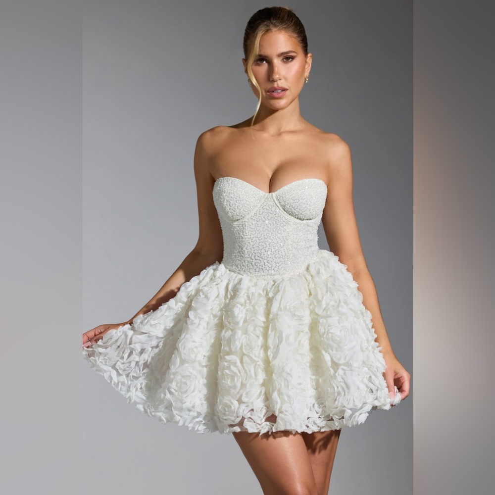 COPY - Oh Polly Evanthe Embellished Floral-Appliqué Lace-Up Mini Dress in White
